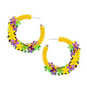 Mardi Gras Flower Cluster Beaded Hoop Earrings