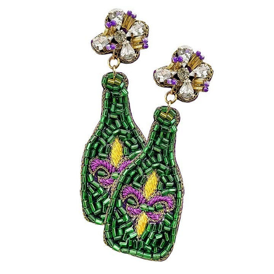 Beaded Fleur de Lis Pointed Champagne Dangle Earrings