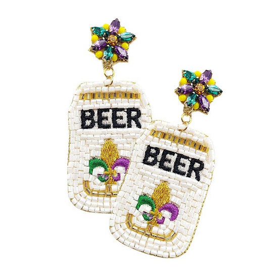 Mardi Gras Beaded Beer Dangle Earrings