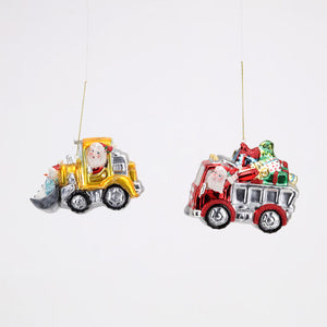 Santa Bulldozer and Dump Truck Ornaments