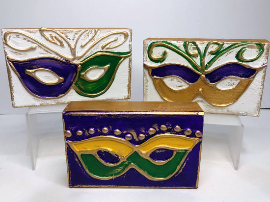 Mardi Gras Hand-Painted Woodblocks- Set of 3